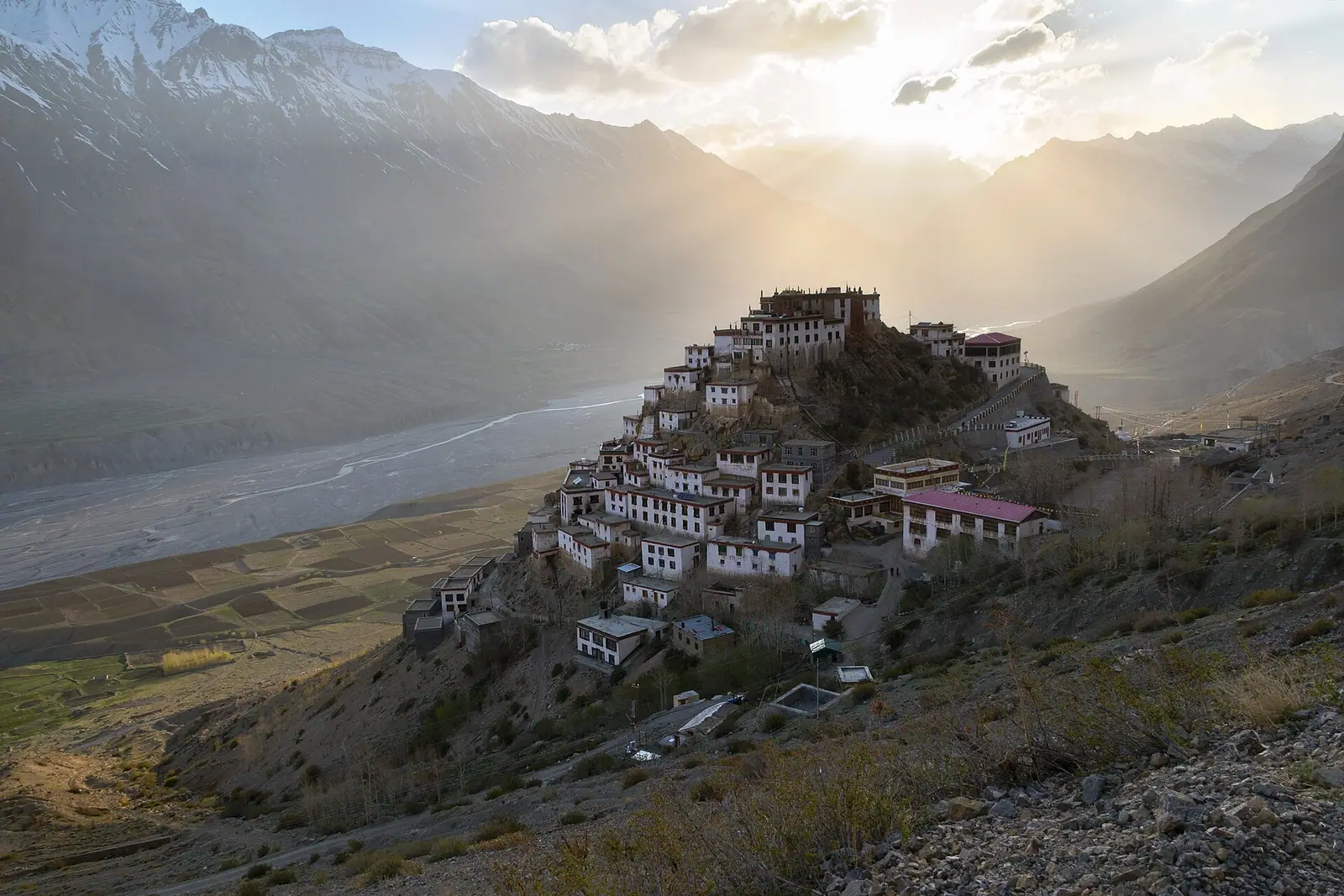Key Monastery on its hill above the Spiti river in low evening light, Spiti Valley, Himachal Pradesh